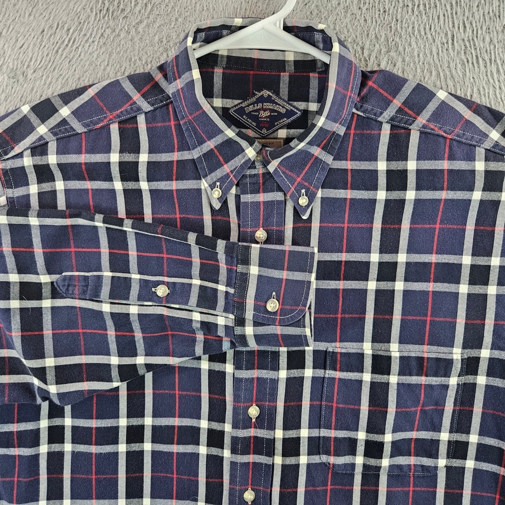 Bills Khakis Mens Large Relaxed Fit Plaid Button Down Shirt Navy Blue‎ Cotton L